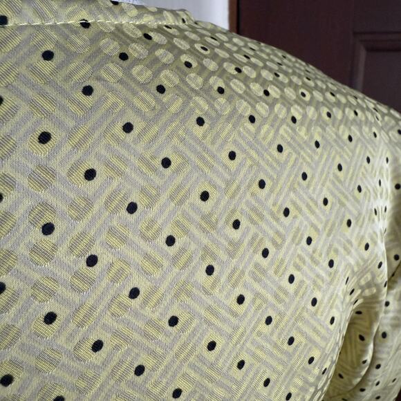 LOVE, WHIT | Citron Dot Yellow Jacquard Tie Front Ruffle Hem Midi Dress | Small - Picture 5 of 6